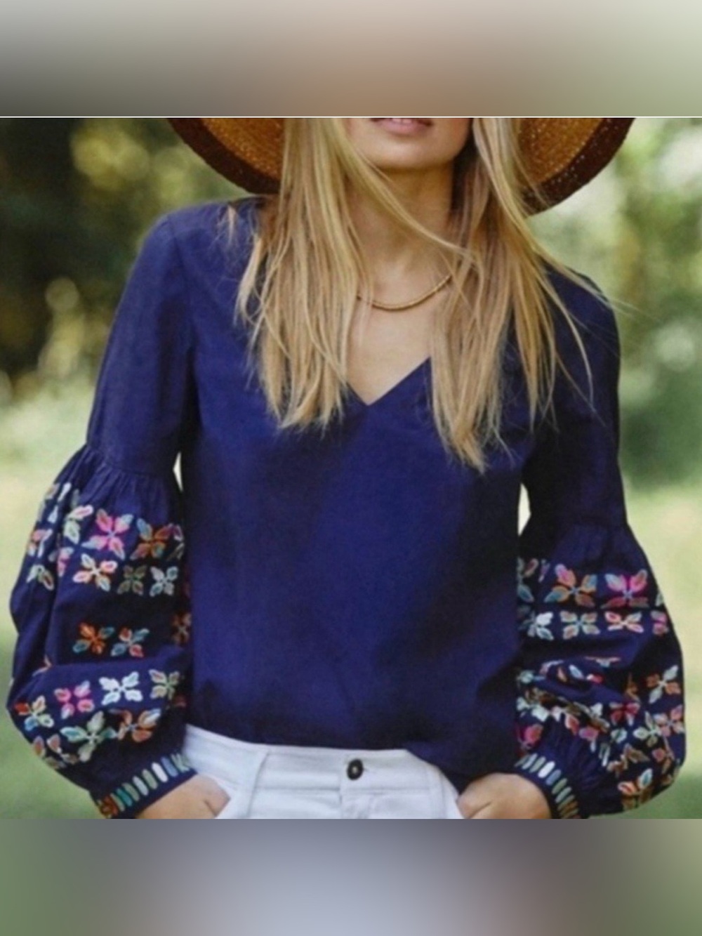 Maeve By Anthropologie Top Womens 6 Blue Sonja Embroidered Balloon Sleeve Boho